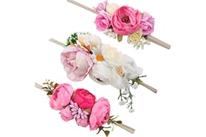 mligril Baby Girl Floral Headbands- 3pcs Nylon Headband Handmade Flower Crown Elastic Hairband Newborn Toddler Hair Accessories Gifts for Girls （1-6 years old）