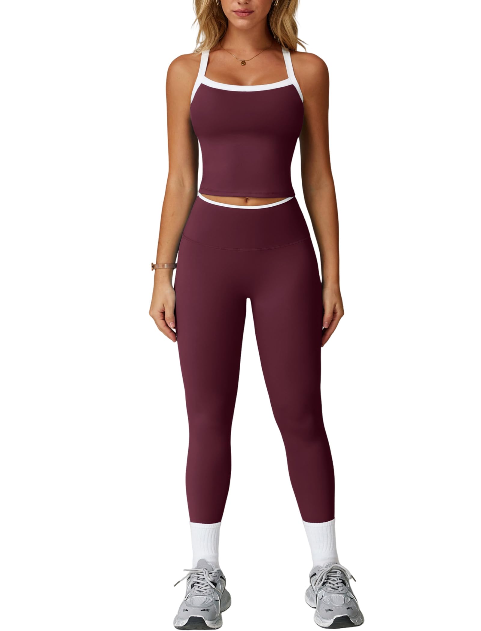 Photo 1 of 2 Piece Workout Sets for Women Seamless Straps Cross Back Tank Tops Matching High Waist Tummy Control Leggings Set Womens Two Piece Athletic Set Gym Wear Active Yoga Outfits Colorblock Wine Red L