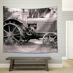 Old Tractor with Iron Wheels is Thrown on a Roadside - Fabric Wall Tapestry Home Decor - 51x60 inches