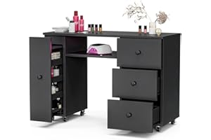 Paddie Manicure Table Nail Desk for Nail Tech, Nail Table Station w/3 Drawers & 1 Vertical Storage Cabinet, Beauty Salon Nail Supplies Workstation Acetone Resistant w/Lockable Wheels, Black