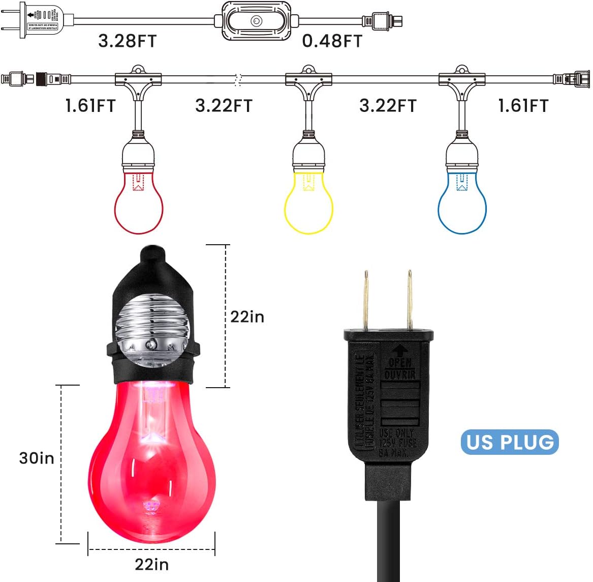 Elfeland LED Outdoor String Lights 48FT RGB Color Changing String Lights Dimmable Hanging Lights Patio Lights Backyard Lights Party Lights with 15Pcs Shatterproof LED Bulb & 2 Remote Controls: Home Improvement