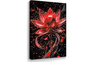 ANCROUTERY Black Red Lotus Wall Art Zen Floral Painting Mystical Flower Wall Decor Pictures for Yoga Spa Meditation Room Bath