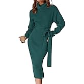 ZESICA Women's Turtleneck Sweater Midi Dress Long Sleeve Ribbed Knit Bodycon Slit Dress with Belt