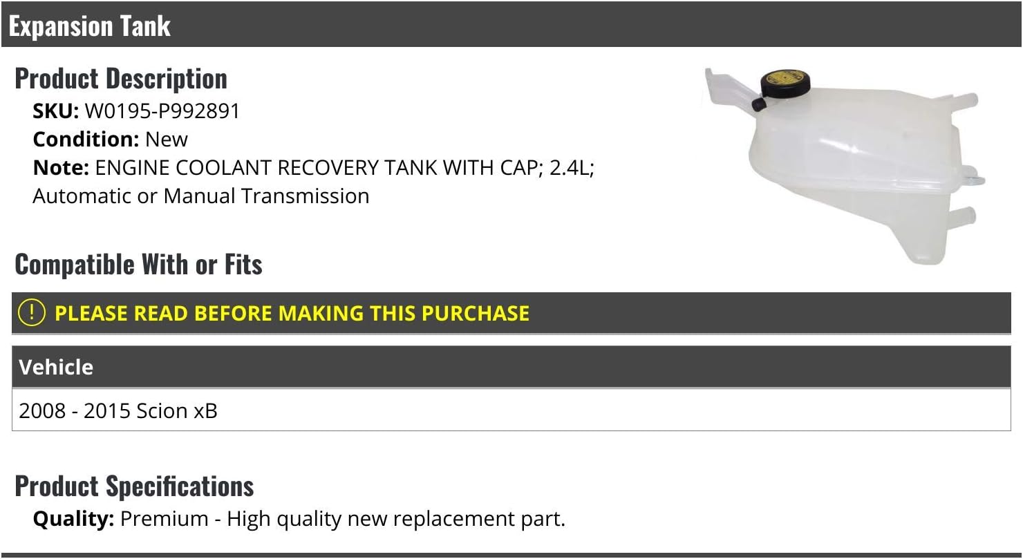 Compatible with 2008-2015 Scion xB Radiator Coolant Overflow Expansion Tank with Cap