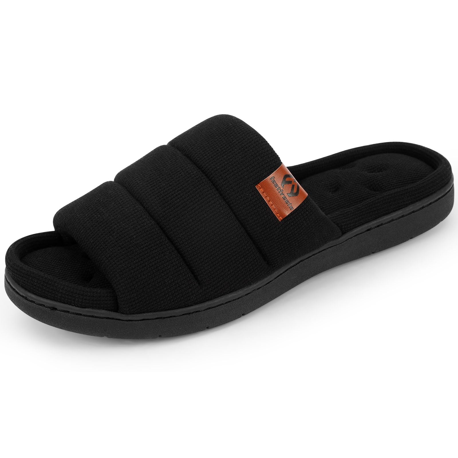 Photo 1 of feetfreein Men’s Open Toe Slippers, Comfy Supportive Foam Bedroom Slide Slippers, Non-Slip Indoor House Shoes, Black, 9-10