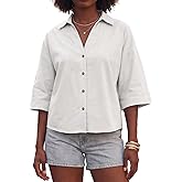 VNIRA Womens Oversized Button Down Shirts 3/4 Sleeve Blouses Casual Loose Fit Cotton V Neck Collar Summer Tops Plus Size