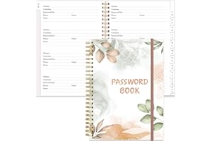 HEVEBOIK Password Book with Alphabetical Tabs - Large Size Password Keeper Journal Notebook for Computer & Website Logins, 6.4" x 8.5", Rose Leaf