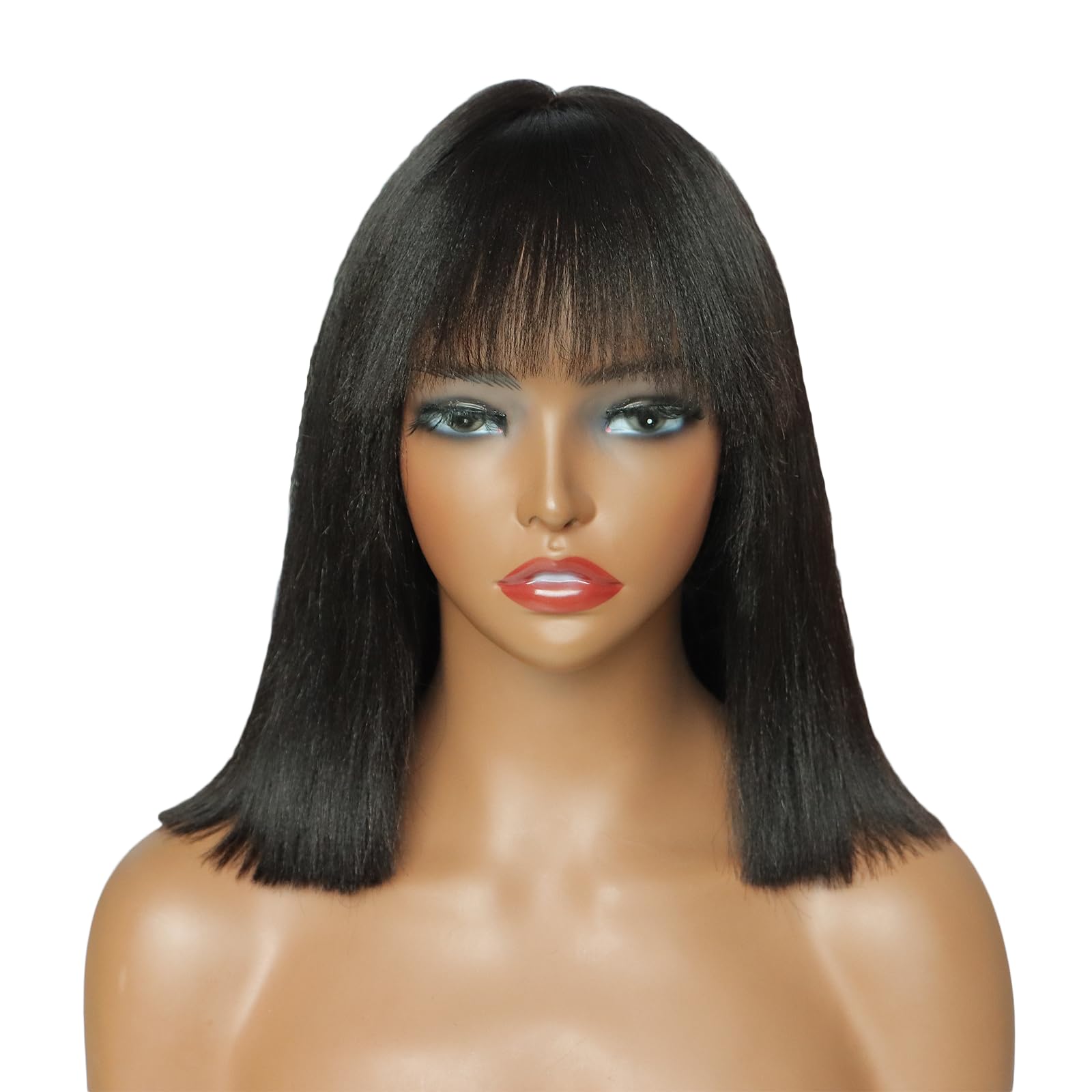10 Inch Yaki Straight Bob Wig Human Hair with Bangs 1X4 Lace Short Black Bob Wigs with Breathable Cap Blunt Cut Bob Wig 200 Density For Women