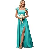 Xijun Satin Bridesmaid Dresses Long for Wedding Ruffle Sleeve Square Neck Formal Evening Dress for Women with Slit