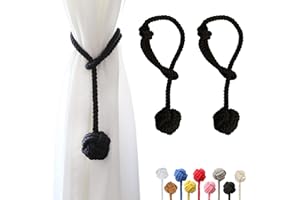 OCIOLI 2 Pieces Curtain Tiebacks Curtain Holdbacks Curtain Ties with Big Woven Ball Outdoor Curtain Tiebacks Cotton Hand Woven Curtain Rope tiebacks Decorative Tie Backs for Drapes (Black, 2)