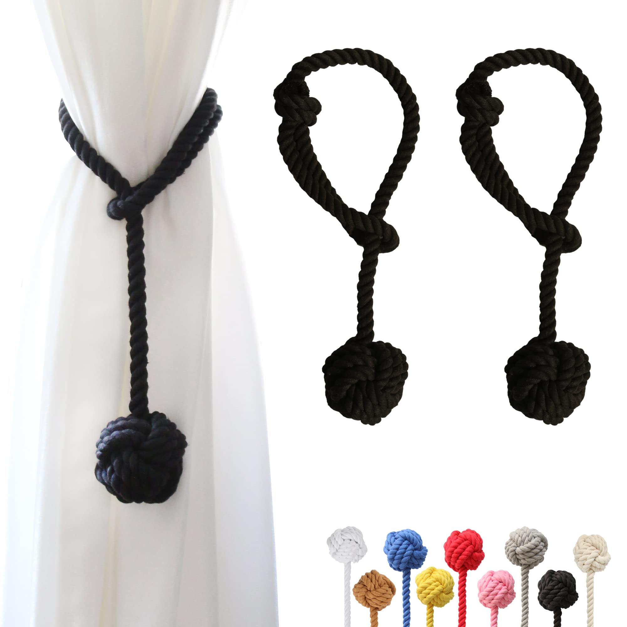 OCIOLI 2 Pieces Curtain Tiebacks Curtain Holdbacks Curtain Ties with Big Woven Ball Outdoor Curtain Tiebacks Cotton Hand Woven Curtain Rope tiebacks Decorative Tie Backs for Drapes (Black)