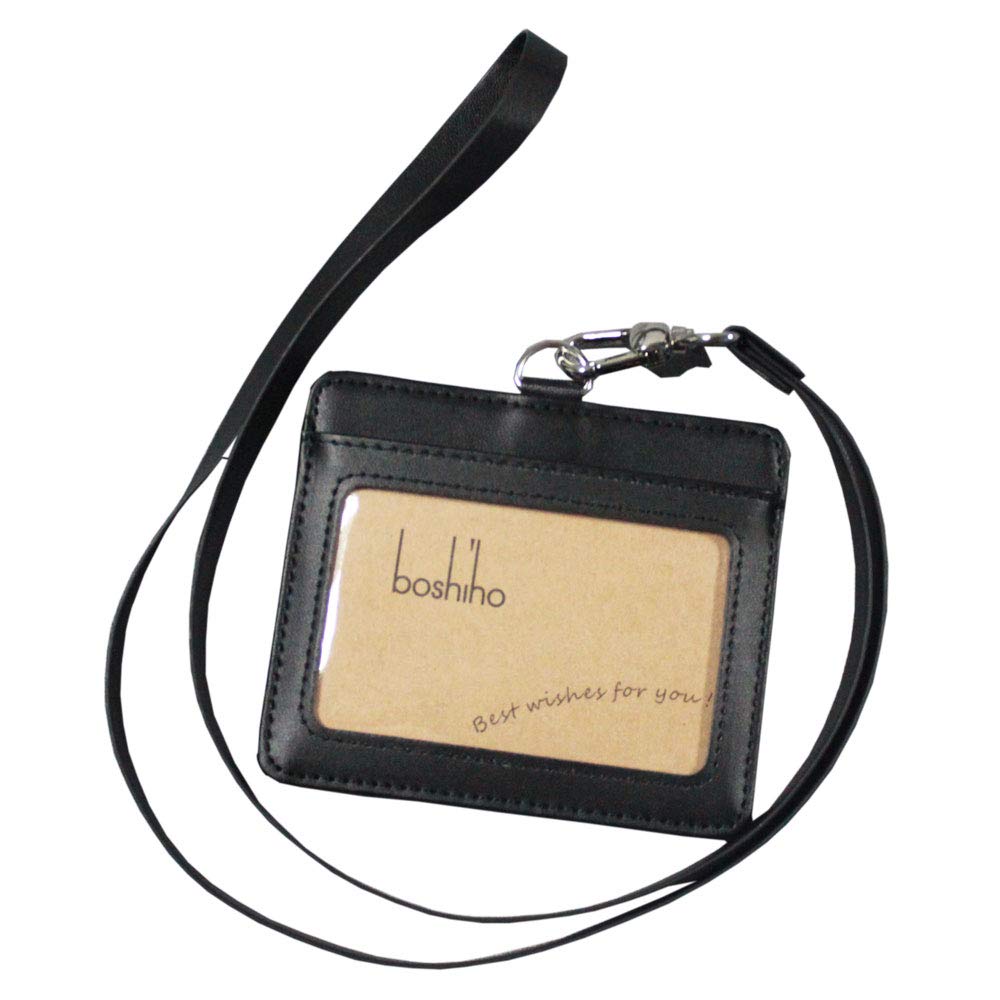 Boshiho Leather ID Card Badge Holder with Heavy Duty PU Leather Lanyard Neck Strap (H-Black) — image 1
