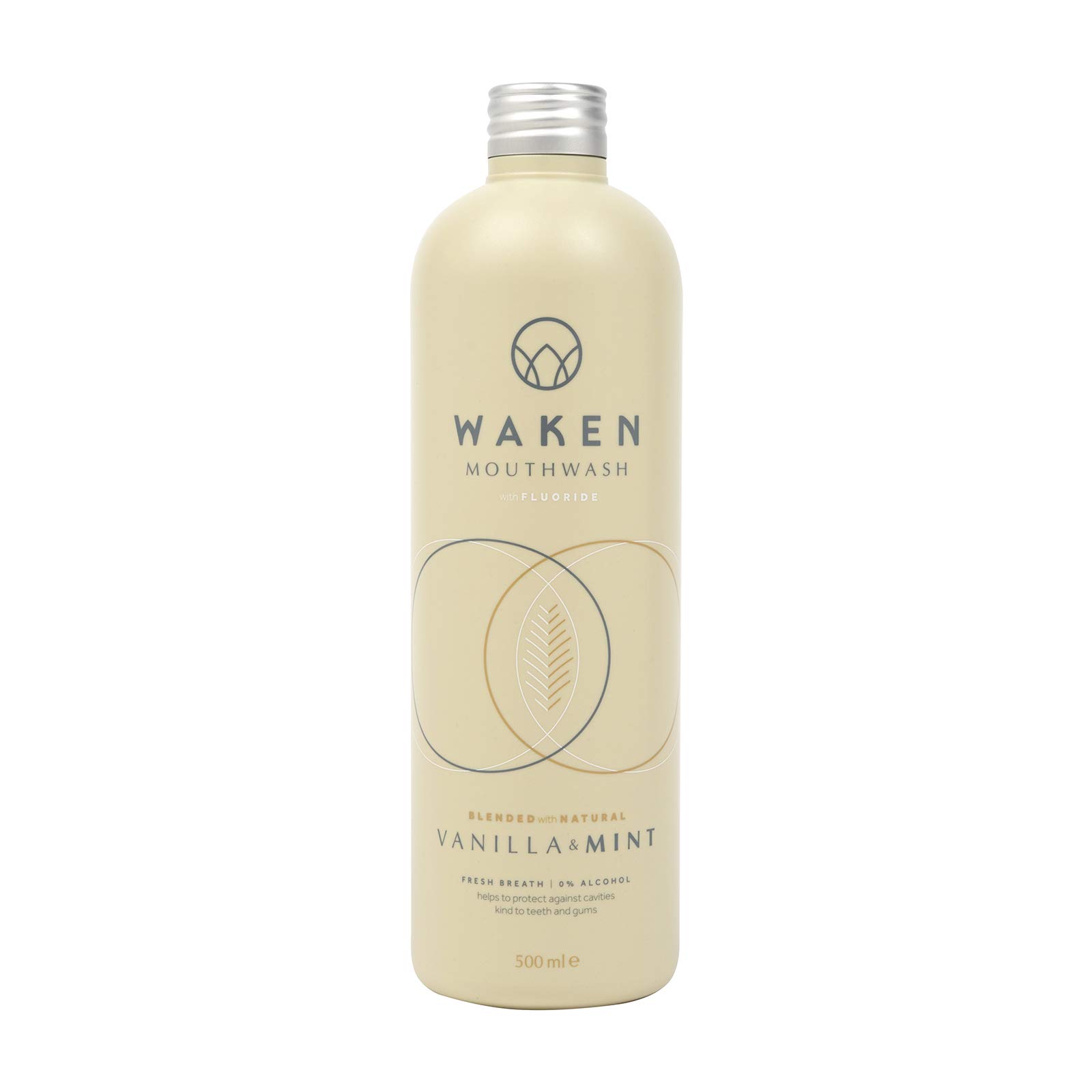 Waken, Mint with Vanilla, 500ml Mouthwash for Fresh Breath, Vanilla & Mint, 100% Natural Flavours, Alcohol Free, with Added Fluoride, No Artificial Colours or Flavourings, Vegan & Sustainable