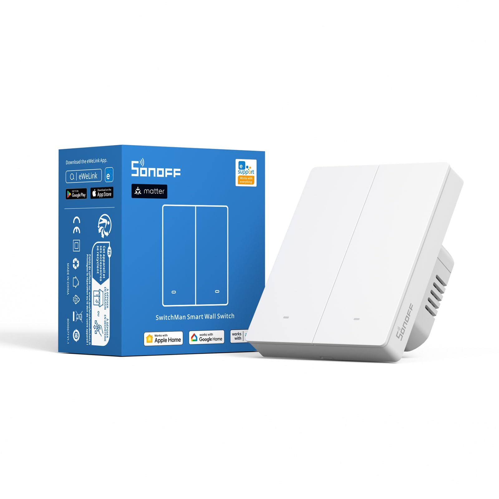 SONOFF Matter Smart Light Switch, 2.4GHz WiFi Switch, Neutral Wire Required, Alexa Compatible, 2 Gang, M5-2C-80W