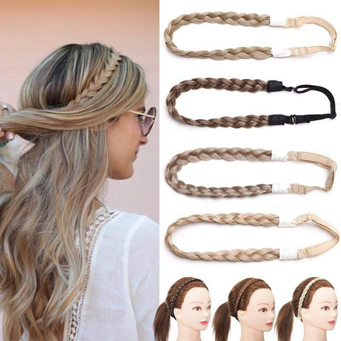 Hair Braided Hair Extensions Headband Classic Chunky Wide Plaited Braids Elastic Stretch Hairpiece Women Girl Beauty Accessory Width 0.6" - Ash Blonde