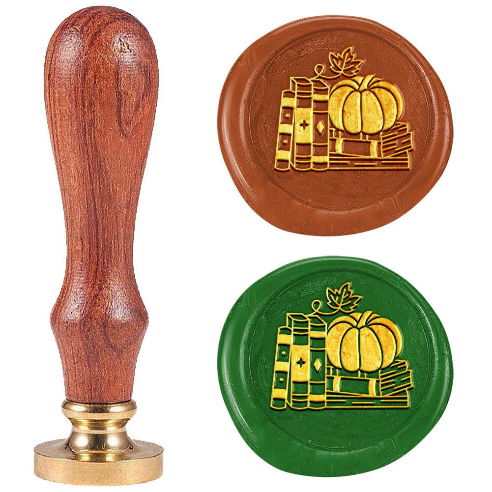 DELORIGIN Book Pumpkin Wax Seal Stamp 0.98" Removable Brass Seal Head with Wooden Handle Vintage Embossed Letter Sealing Wax Stamp for Invitations Party Envelope Festival Gift Packag Decorate