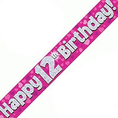 OakTree 9ft Banner Happy 12th Birthday Pink Holographic Party Decoration