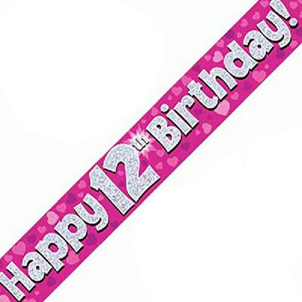 9ft Banner Happy 12th Birthday Pink Holographic