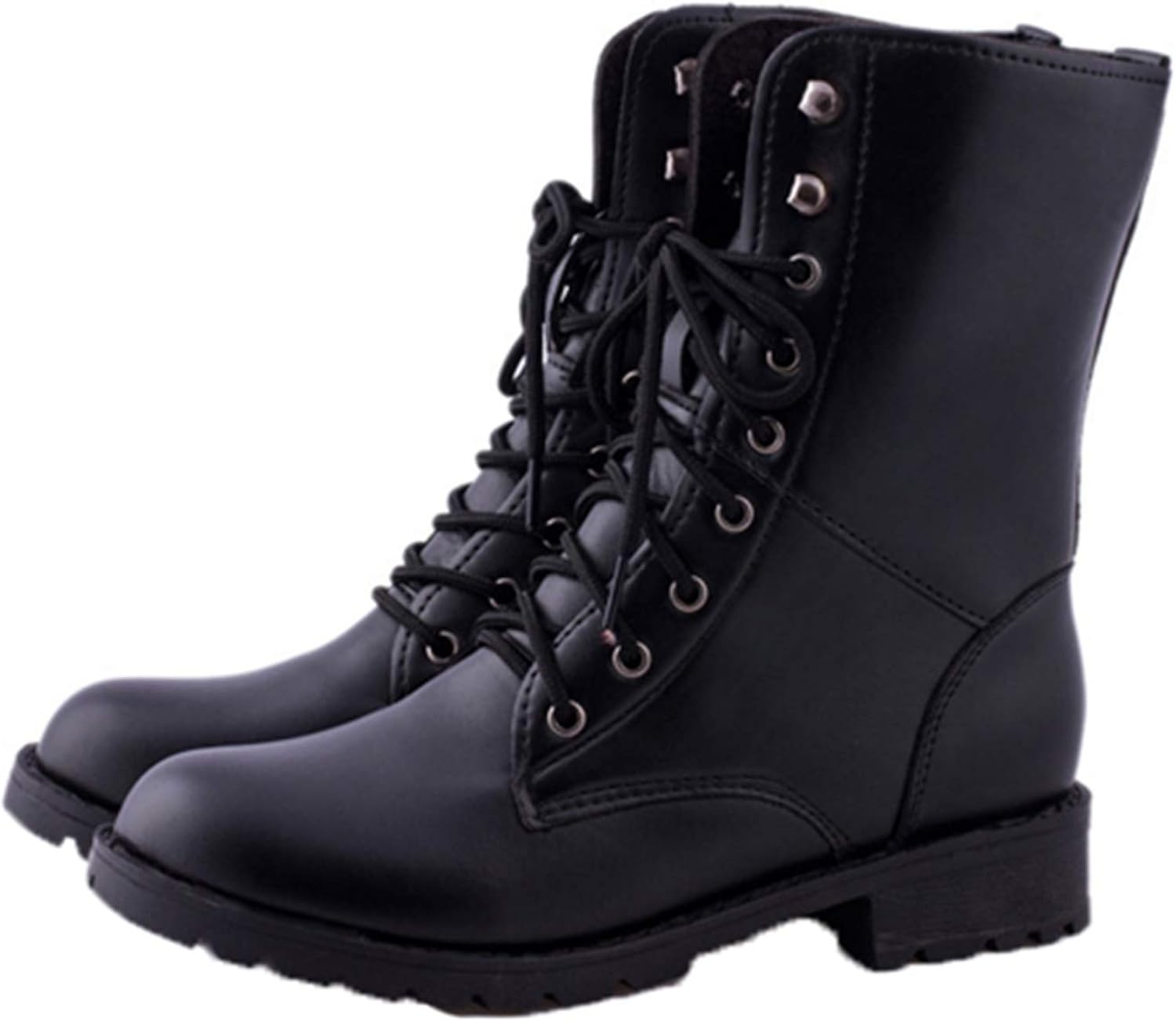 Calf Length Boots Women Gothic Punk Motorcycle Boots Lace Up Round Toe