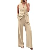 KIRUNDO Pant Suits for Women Dressy 2 Piece Sets Sleeveless Blazer Vest Wide Leg Matching Pantsuit Business Casual Outfits