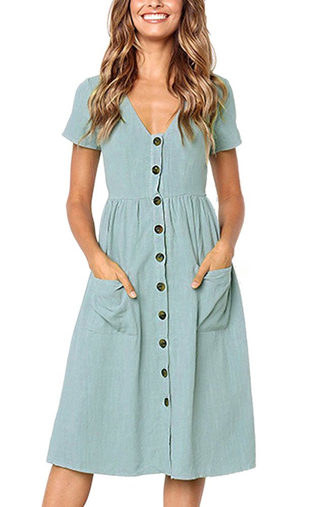 Buy Summer Dresses for Women Casual Midi Dress Short Sleeve Shirt Dress V  Neck Button Decoration Swing A Line Tunic Dress with Pockets Online at  desertcartCayman Islands