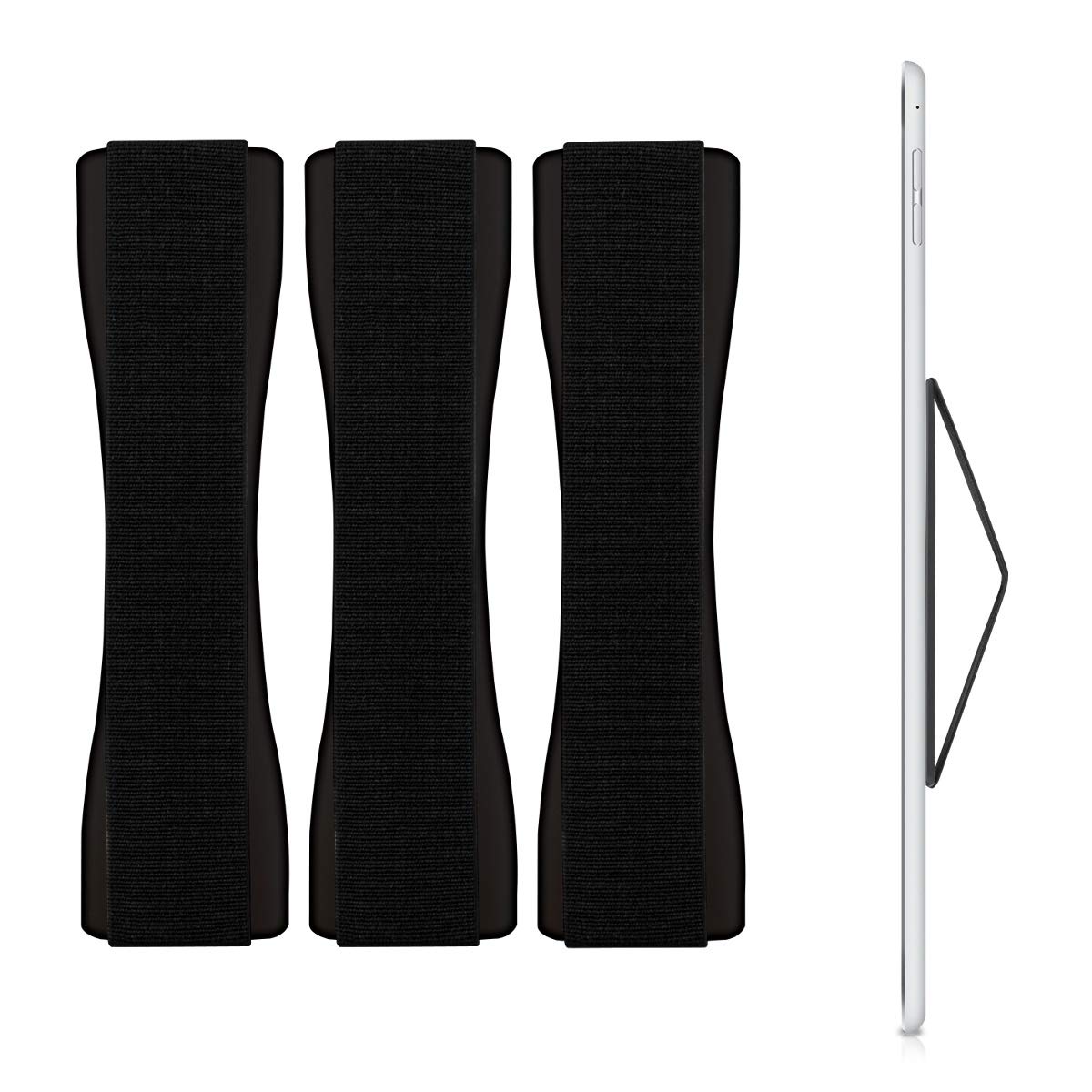 kwmobile Tablet Hand Strap Holder (Set of 3) - Elastic Adhesive Grip Universal Loop to Stick on Back of Tablets and Cases - Black