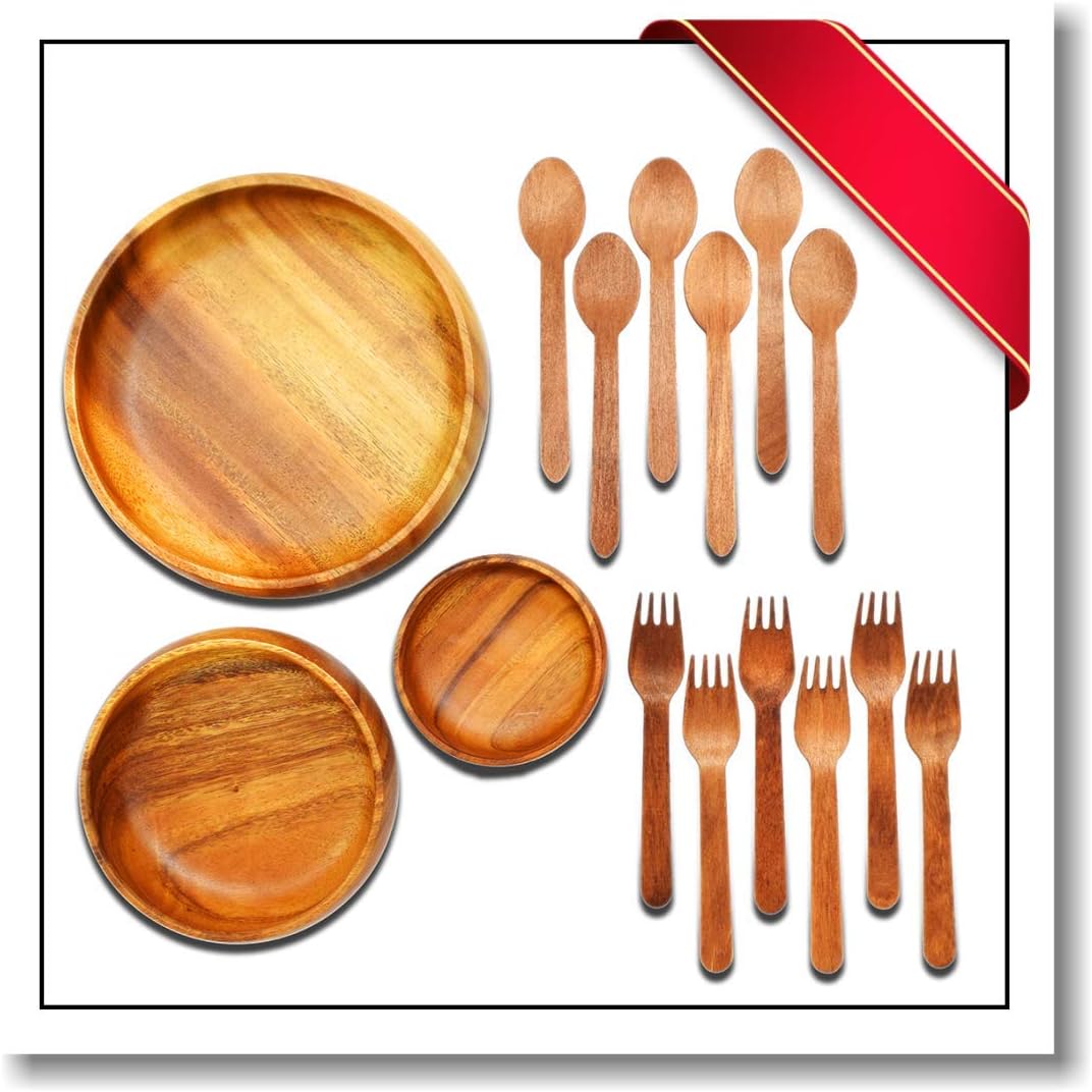 Innovatronix Handmade Wooden Acacia Salad Bowl Set - 1 Piece Calabash Bowls (4"), 1 Piece Calabash Bowl (6"), 1 Piece Calabash Bowl (8”) - FREE 6 Pairs Of Wood Disposable Spoons And Forks