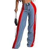MGCPTN Womens Jeans High Waisted Wide Leg Striped Patchwork Color Block Stretchy Loose Straight Denim Pants