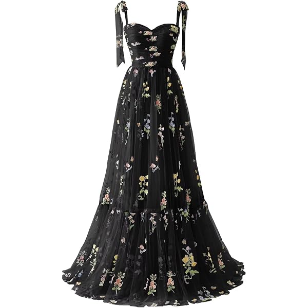 Basgute Flower Embroidery Tulle Fairy Prom Dresses Spaghetti Straps Long  Slit Elegant V Neck Black A Line Corset Formal Evening Party Gowns for  Women US0 at Amazon Women's Clothing store