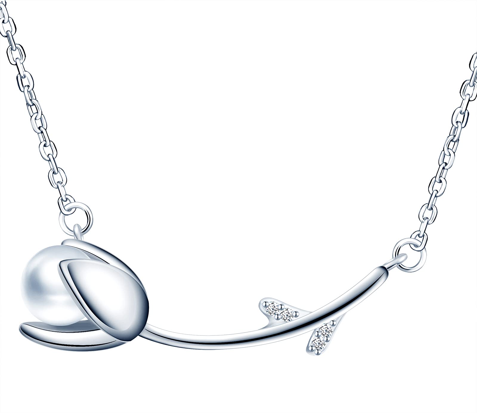 MicVivien Women Necklace Sterling Silver 925 Pearl Tulip Pendant Necklace with Cubic Zirconia Jewellery for Mum Wife Girlfriend