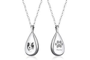 QWBV NELO Teardrop Pet Remembrance Urn Necklace for Ashes for Women, Personalized Cat Dog Urns for Ashes in Photo & Name in S
