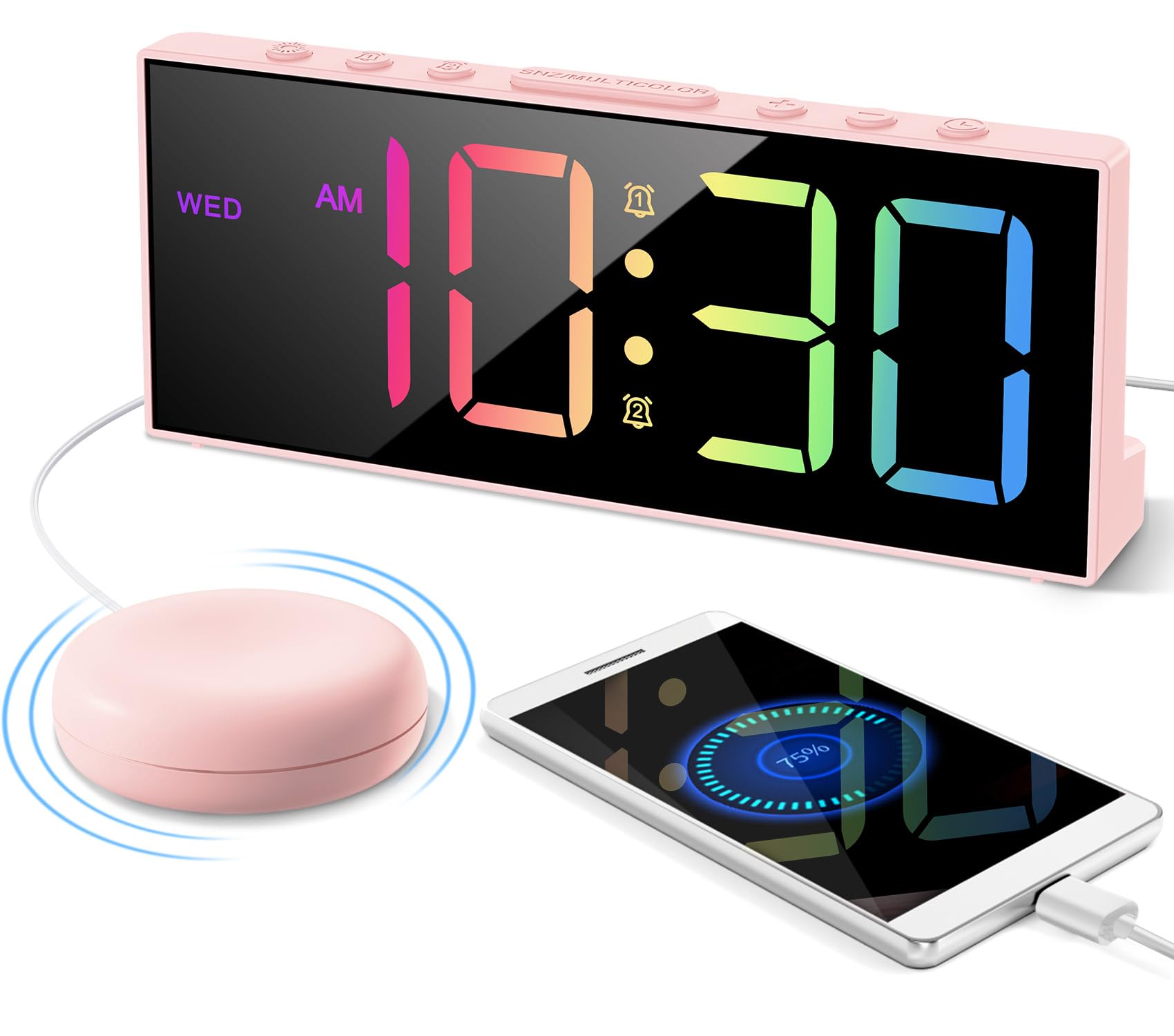 Photo 1 of *Missing item, Pink circle* Digital Alarm Clock with Bed Shaker, Large Numbers Plug in Alarm Clock for Heavy Sleepers Adults Teens with USB Charger, Dual Alarm, 12/24Hr, Snooze, Dimmable, Adjustable 3-Levels Volume-Pink