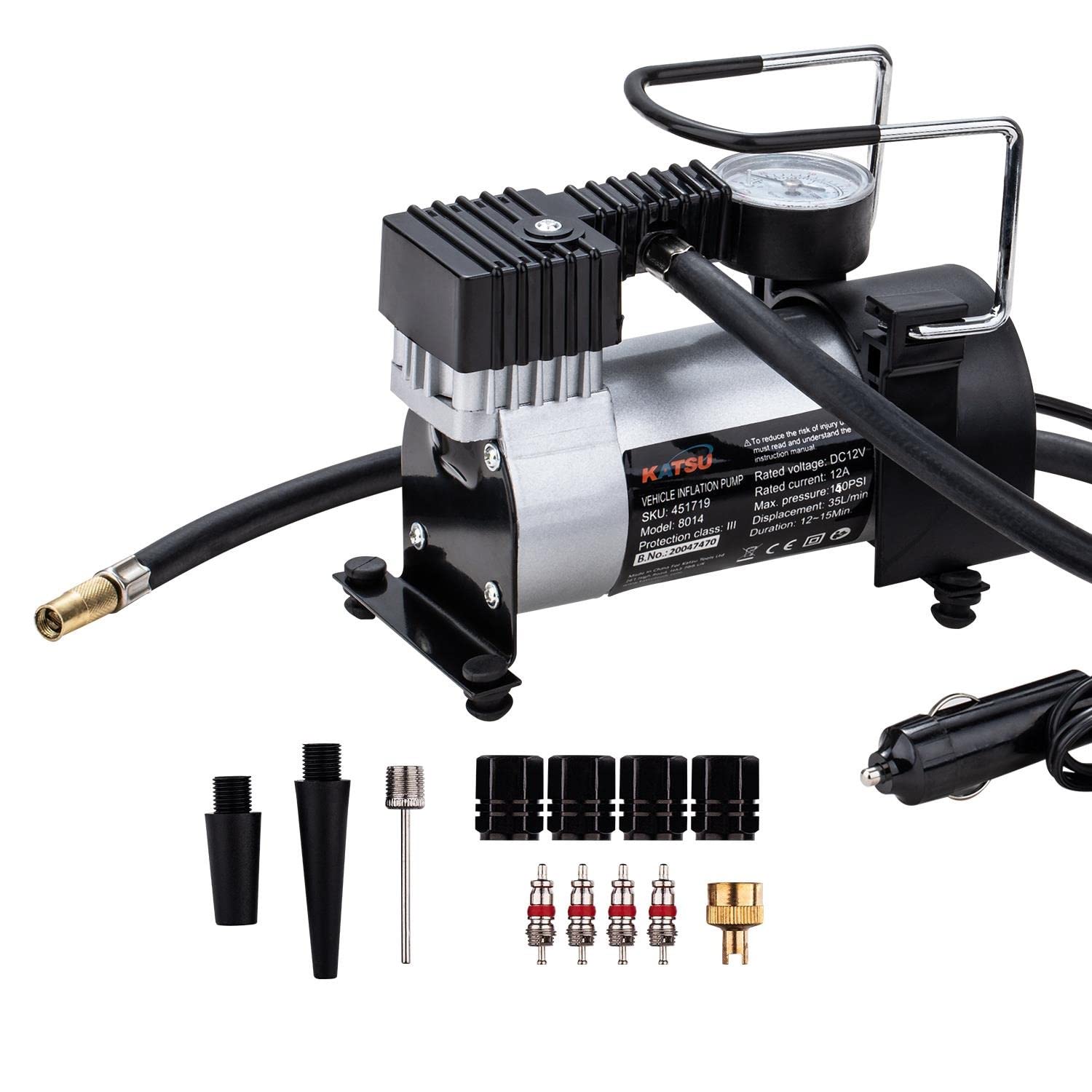 KATSU Car Tyre Inflator 12V DC 14A 140PSI High Volume Air Compressor Tyre Pump for Cars, SUVs, 4x4's + 3 Extra Nozzle Adapters