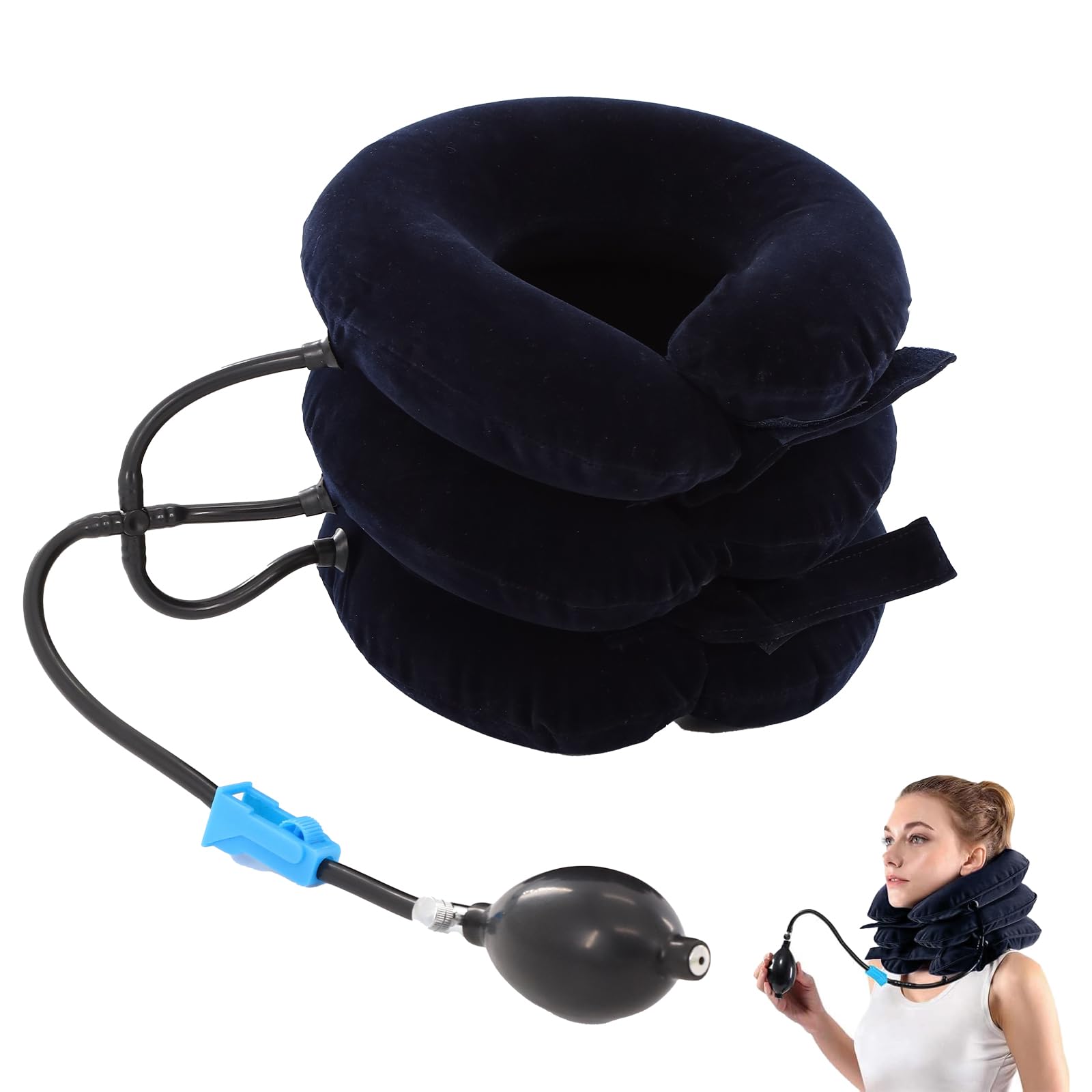 Photo 1 of 1Pcs Neck Stretcher Thickened Inner Lining Inflatable for Home Use Cervical Traction Device Three-Dimensional Support Can Relieve Pressure and Alleviate Pain Adjustable Washable (Blue)