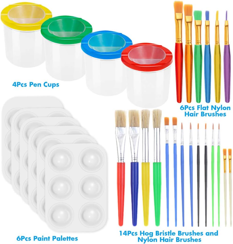 30 Pack Painting Tools Paint Brushes for Kids, Paxcoo Kids Paint Brushes with Paint Cups Paint Palette Tray for Kids Gifts Birthday Art Party School Prizes: Kitchen & Dining