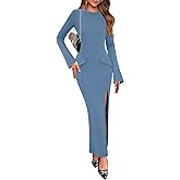 Lazysmile Fall Dresses for Women Long Sleeve Mock Neck Buckle Back Backless Bodycon Split Cocktail Wedding Guest Long Dress