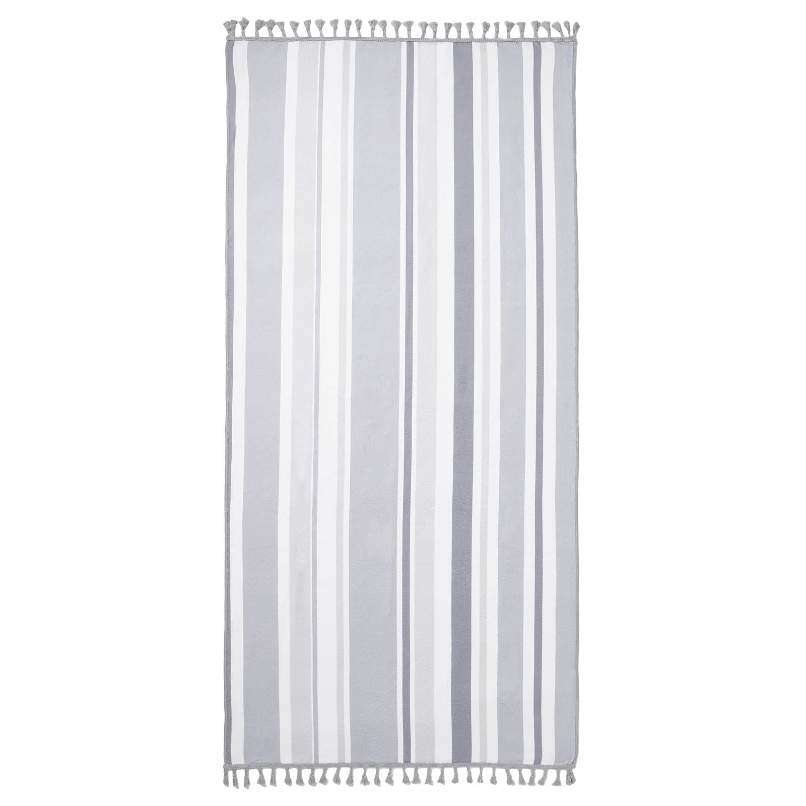 Dreamscene Striped Tassel Edge Beach Swimming Towel Pool Swim Adults Kids Rope Holiday Travel Camping Bath, 71 x 152cm - Charcoal Grey