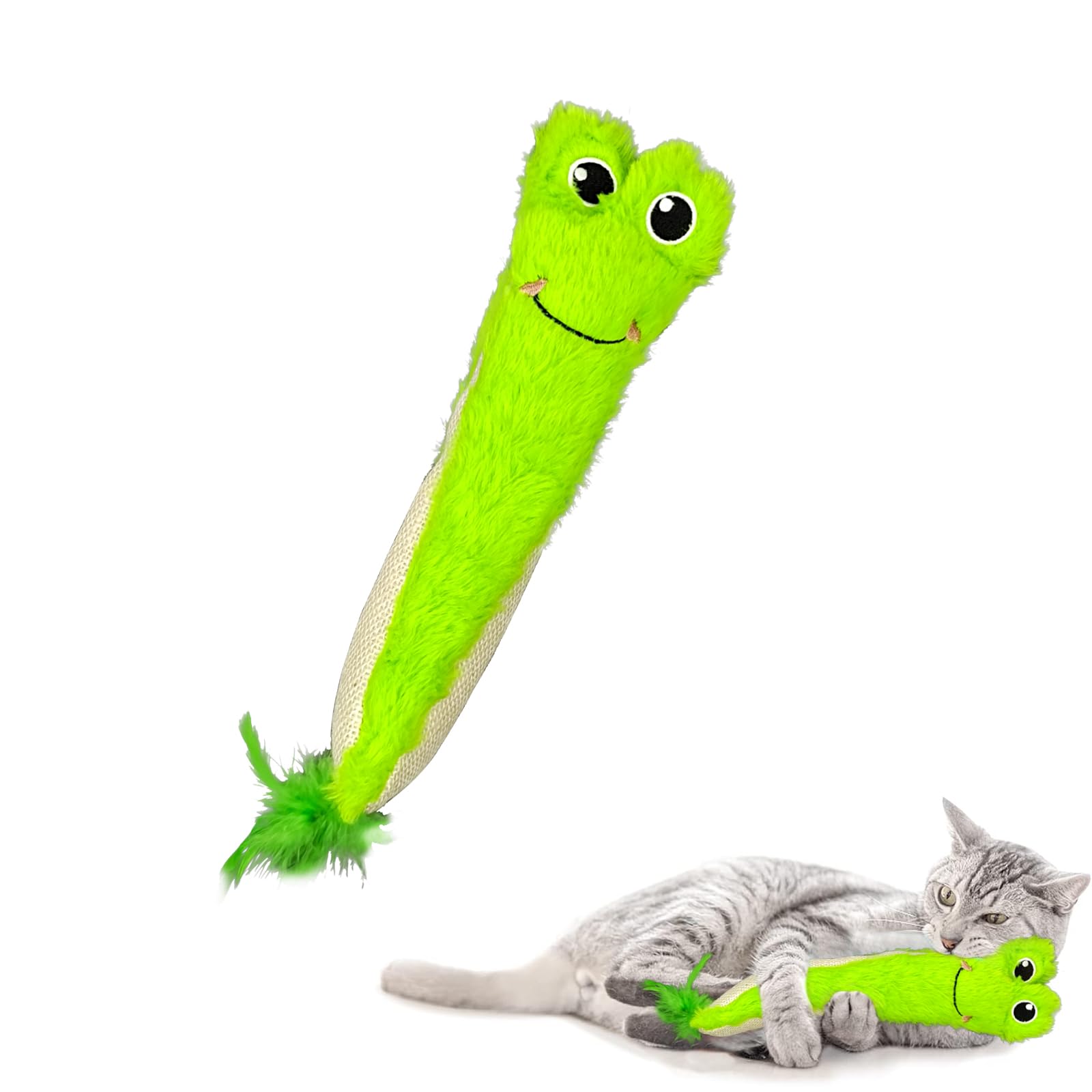 Andiker Cat Toys for Indoor Cats,10.24in Plush Catnip Toy with Crinkle Paper Inside,Fluffy Interactive Cat Toy with Feather and 2 Sisal Scratchers for Biting, Chewing, Scratching and Kicking (Green)