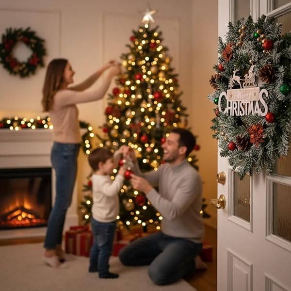 20 INCH CHRISTMAS WREATH FOR FRONT DOOR, CHRISTMAS DECORATION WITH FROSTED BRANCHES PINE CONES FLOWERS BALL ORNAMENTS FOR WALL,INDOOR,OUTDOOR,FARMHOUSE FESTIVAL HOME DECOR