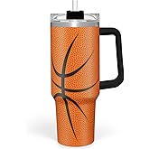 Basketball Tumbler with Handle 40oz Lid & Straw, Insulated Coffee Cup Gifts for Men Boys Players, Christmas Birthday