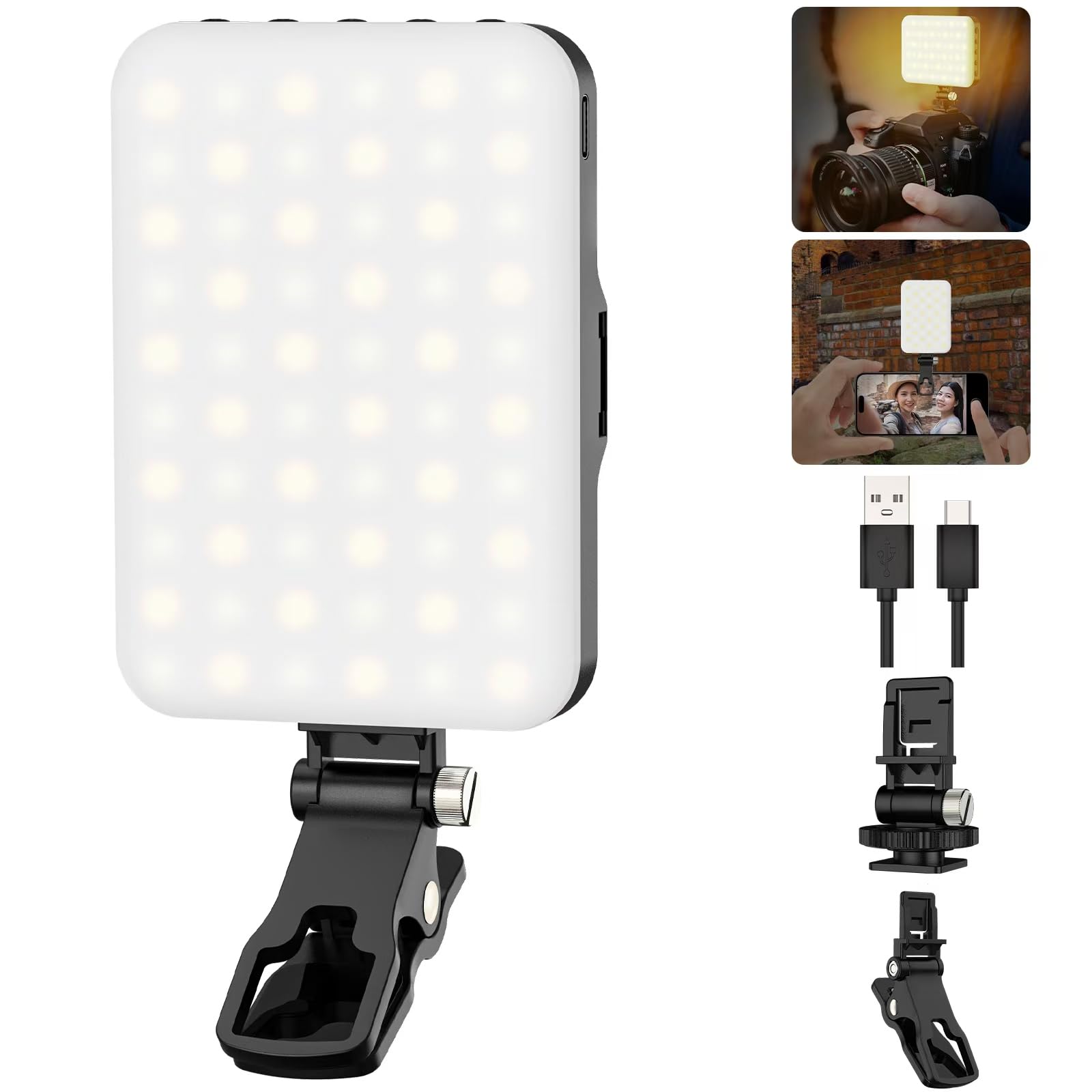 Hagibis LED Camera Light - Portable Photography Lighting with 60 LED, 2200mAh Rechargeable Battery, 7 Modes, 10-Level Brightness, Clip-on Light for Phone/Tablet/Laptop
