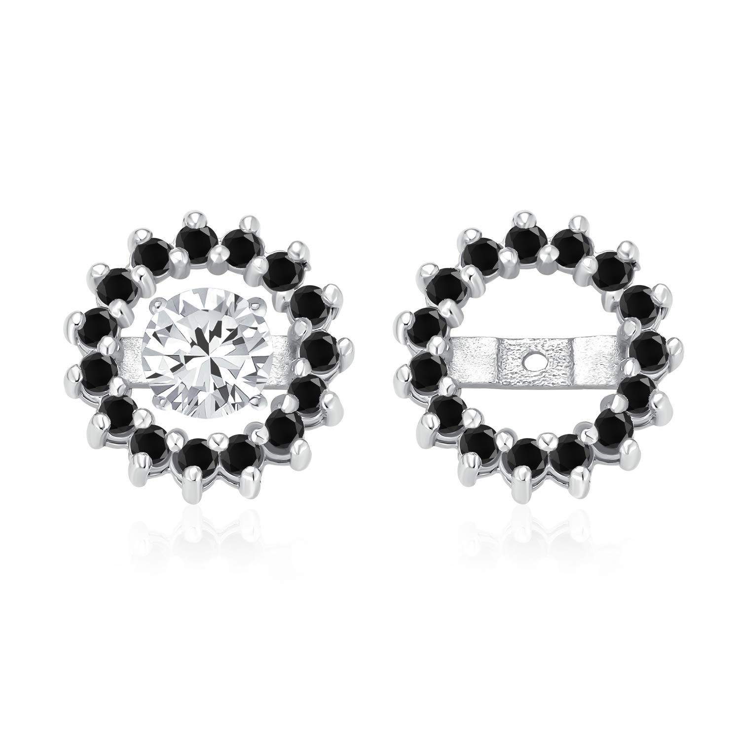 Black Cubic Zirconia CZ Round Pave Halo Earrings Jackets For Studs Jacket Only For Women .925 Sterling Silver — image 1