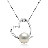 Orien Jewelry Japanese Akoya Cultured Pearl Pendant Necklace – Heart Shape – AAAA Grade Natural White Cultured Pearl 6-7mm – 14k White or Yellow Gold Plated Sterling Silver