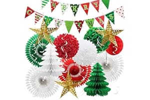 ADLKGG Christmas Party Decorations Supplies - Merry Christmas Pennant Banner Hanging Swirls Star Lanterns Paper Fans Christmas Tree Honeycomb Balls Pom Poms Flowers for Indoor Outdoor Baby Shower Birthday