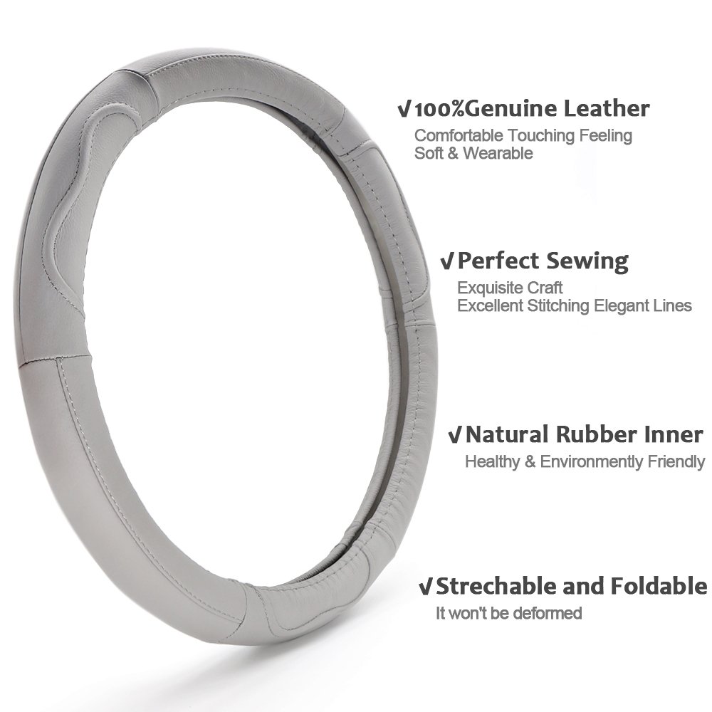 LOCEN Genuine Leather Car steering Wheel Cover - B STYLE - Grey (Outer Diameter 35CM-36CM)