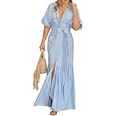 SOMTHRON Women's Summer Striped Shirt Dress Button Down Tie Waist Short Sleeve Pleated Maxi Dress with Pocket