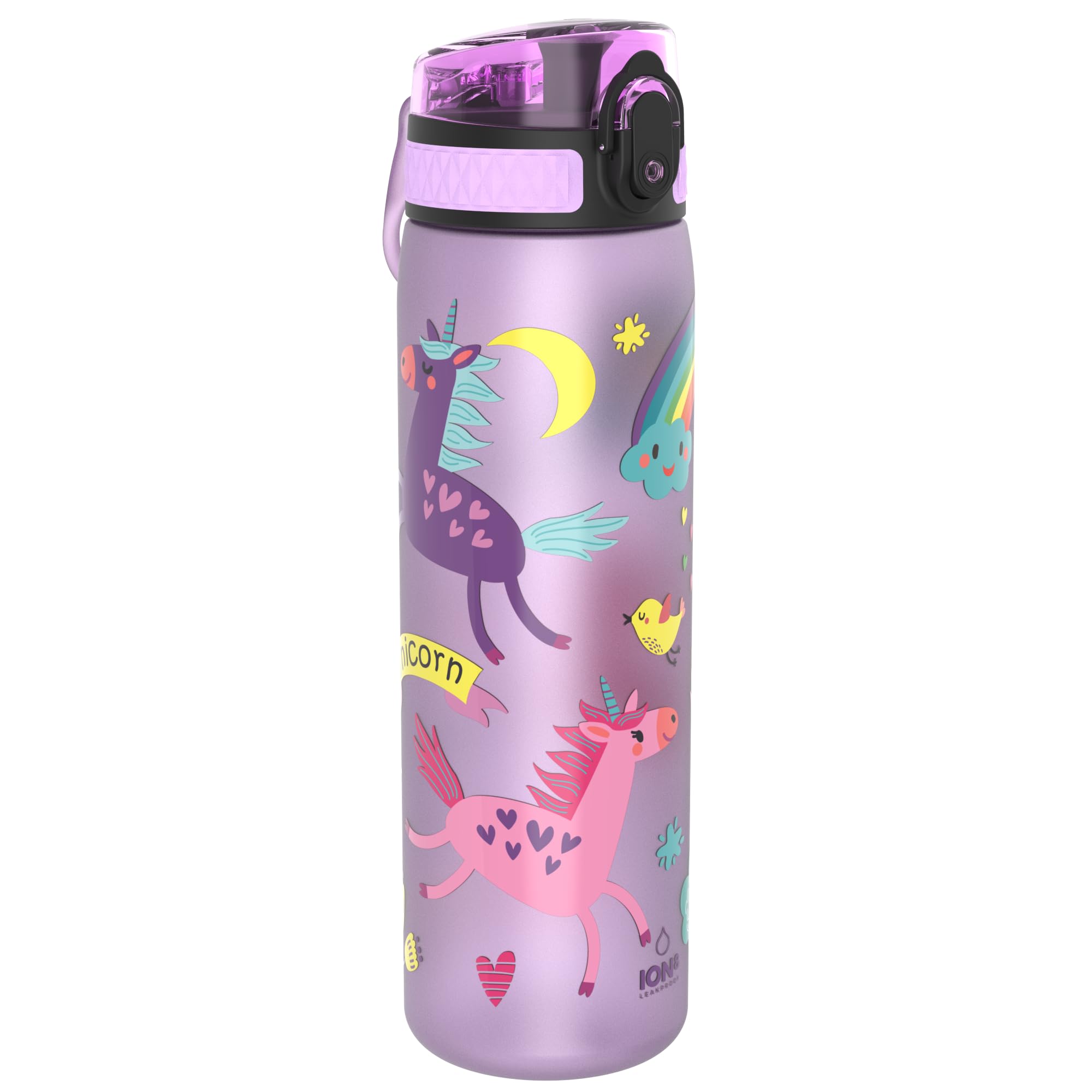 Ion8 Water Bottle, 500ml/18oz, Slim Leak Proof & BPA-Free Drinking Bottle, Secure Lock Prevents Spills, Dishwasher Safe, Carry Handle, Ideal for Adults & Kids - Travel, Gym & School, Lilac Unicorns