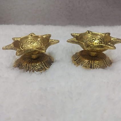 Decorative Designer White Metal Diya - Floral Design Used for Festivals/Diwali Diya Gold Finish - Set of 2 Pcs (6.5 cms x 6.5 cms x 3 cms)