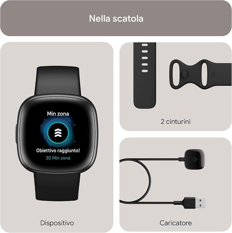 Versa 4 Smartwatch per il fitness con abbonamento Google Health Premium di 3 mesi incluso, fino a 6 giorni di autonomia e compatibile con iOS & Android, Nero / Alluminio grigio grafite