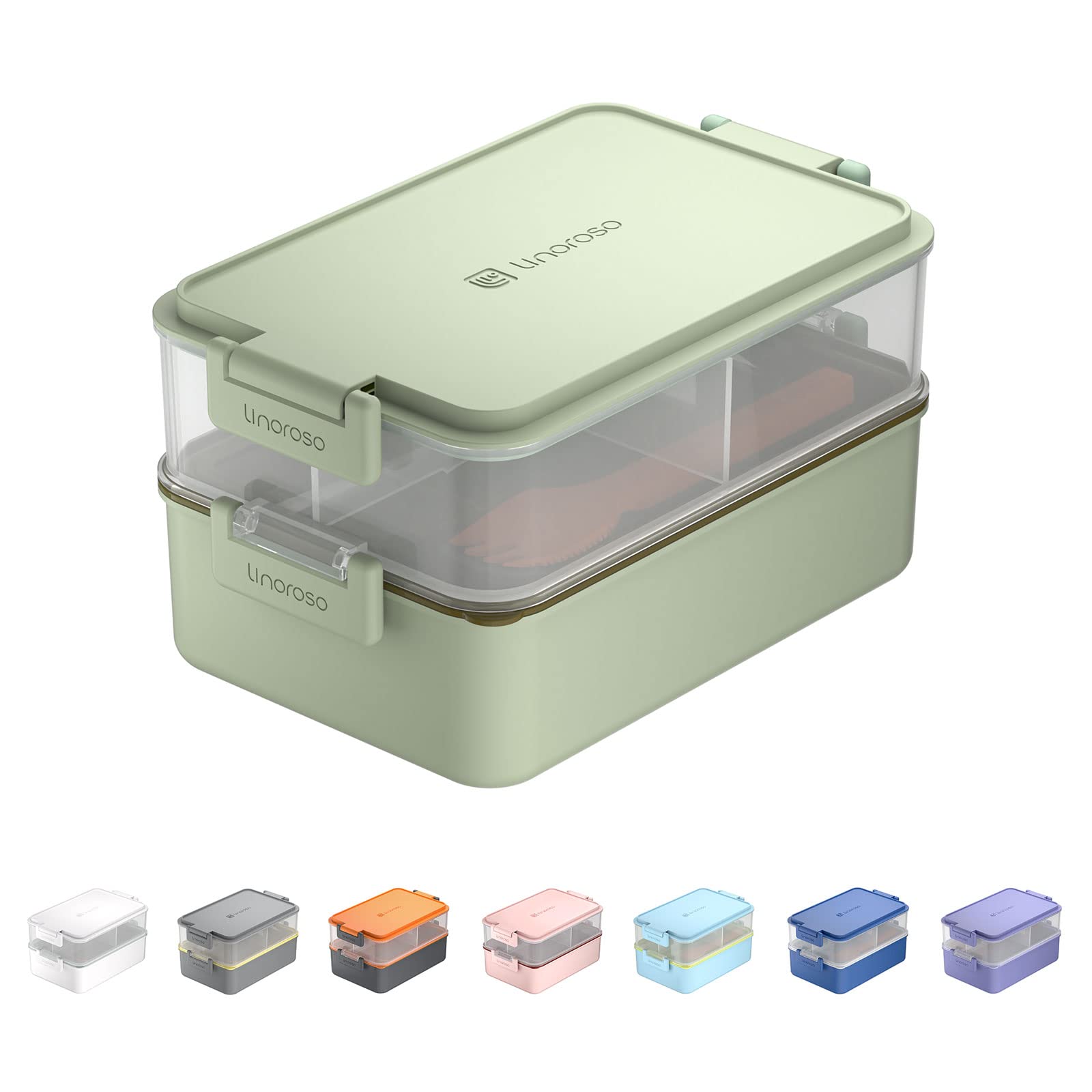 linoroso Bento Lunch Box for Adults with 3 Compartments Lunchbox with Sauce Container and Utensils, Bento Boxes for Microwave and Dishwasher Plastic BPA-Free As Sandwich Snack Salad Box - Pale Mint
